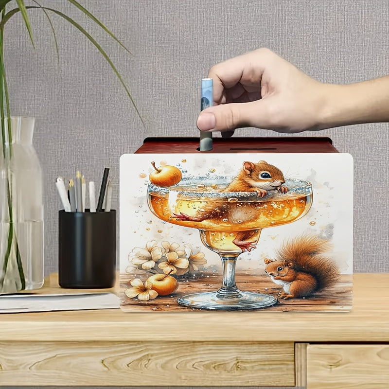 Tirelire écureuil en bois, aquarelle d'une coupe pétillante