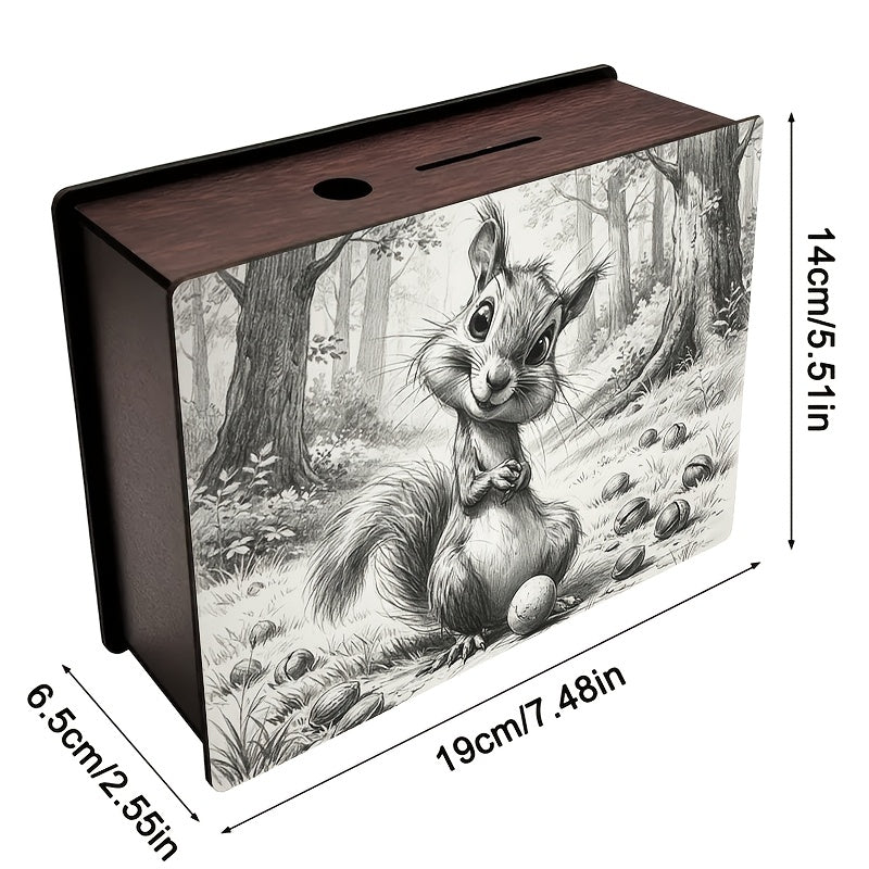 Tirelire écureuil en bois, dessin au crayon