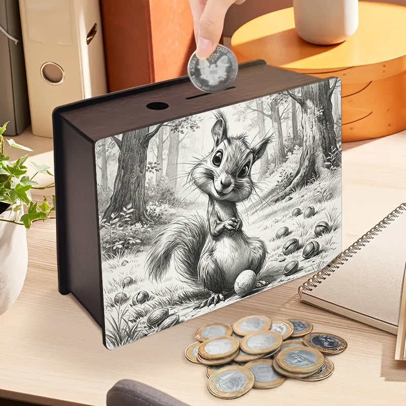 Tirelire écureuil en bois, dessin au crayon