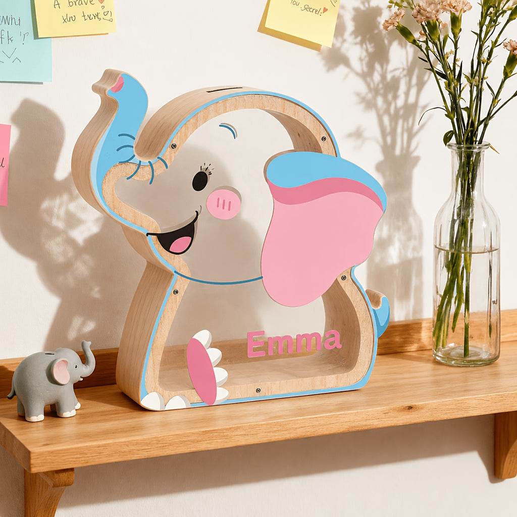 Tirelire éléphant en bois à façade transparente, haut