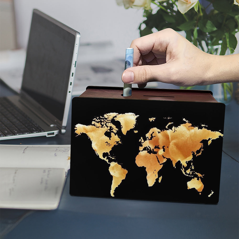 Tirelire carte du monde à 'encre sur fond uni