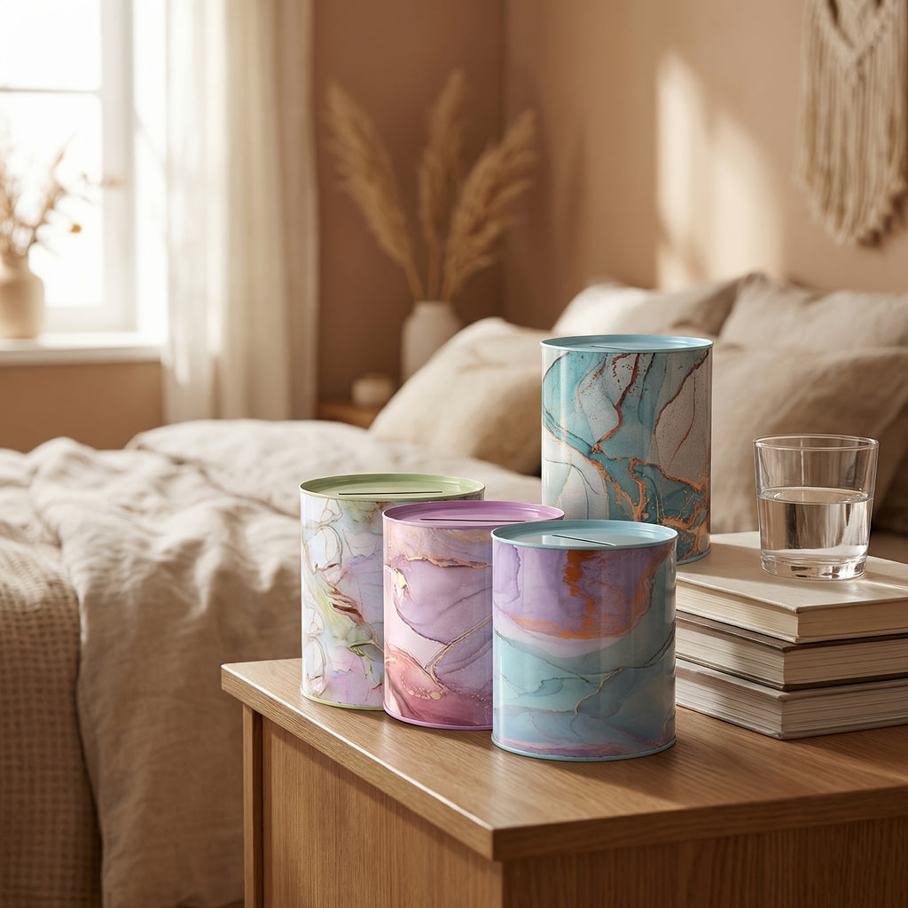 Tirelire en fer scellée à motif marbré — 15 cm de hauteur