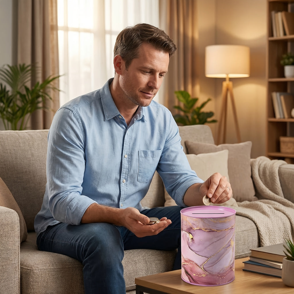 Tirelire en fer scellée à motif marbré — 15 cm de hauteur