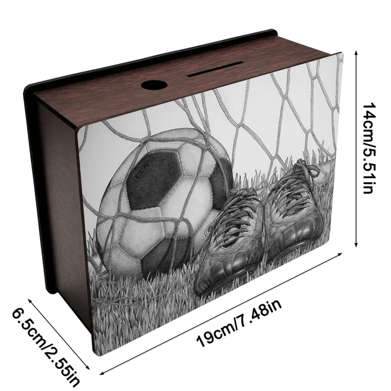 Tirelire football en bois, ballon et crampons au crayon
