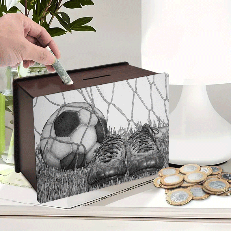 Tirelire football en bois, ballon et crampons au crayon