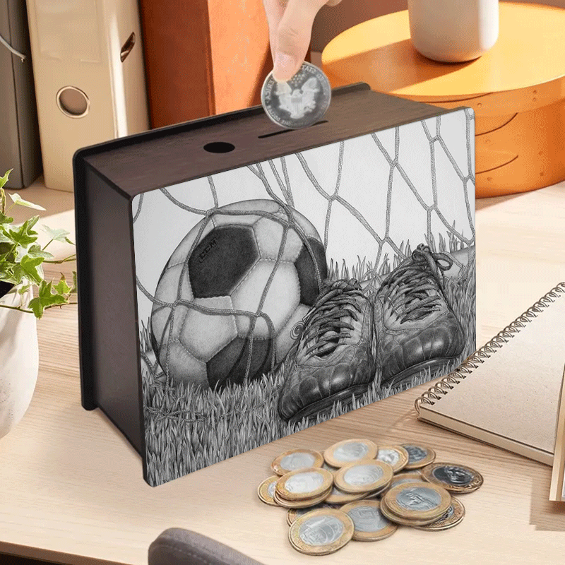 Tirelire football en bois, ballon et crampons au crayon