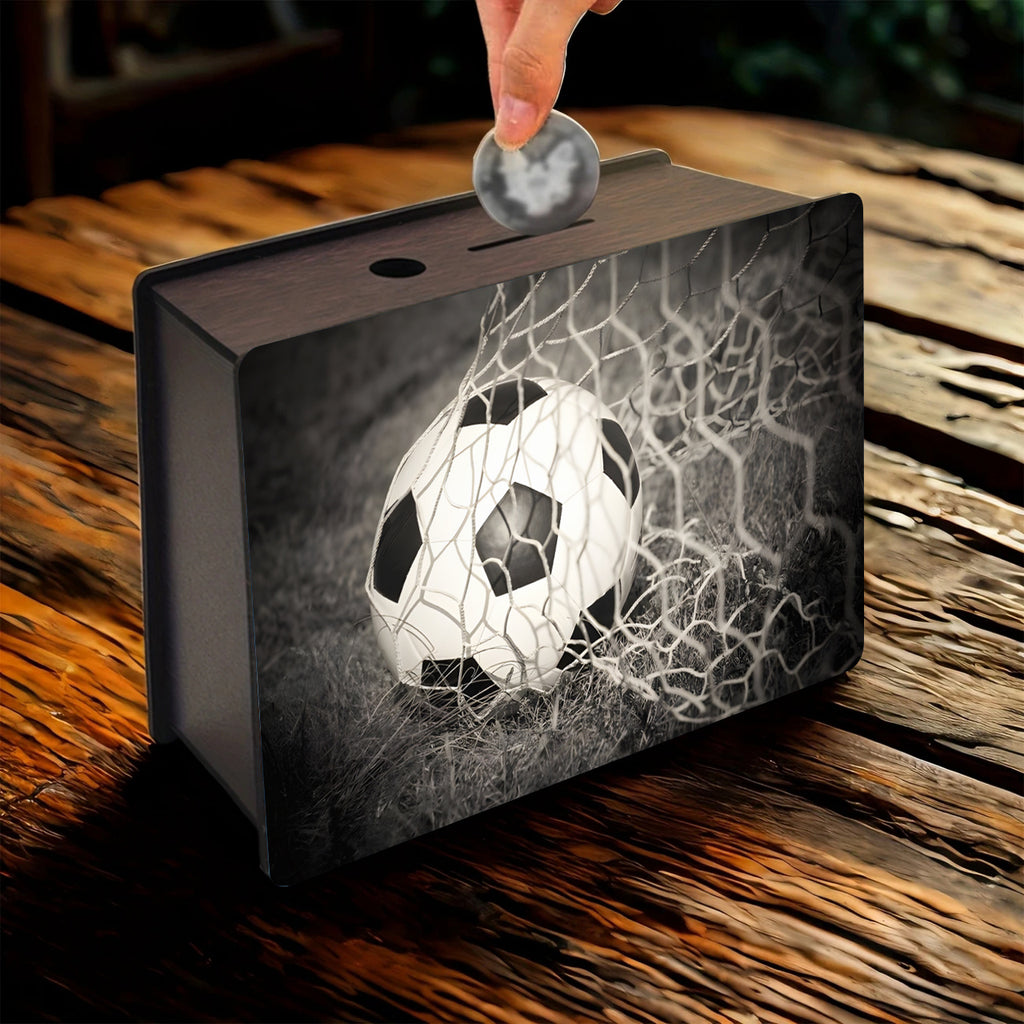 Tirelire football en bois teinté, ballon au fond des filets