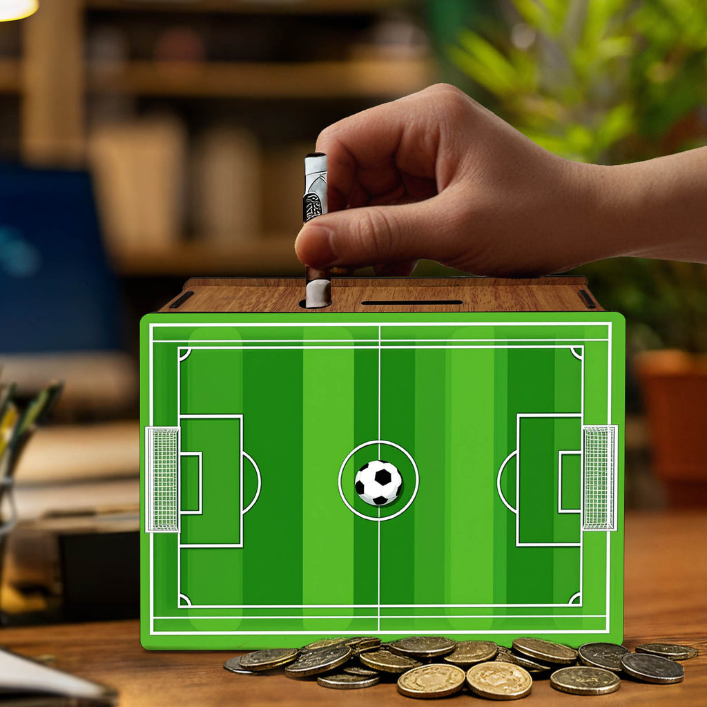 Tirelire football en bois, un dos à cocher au crayon