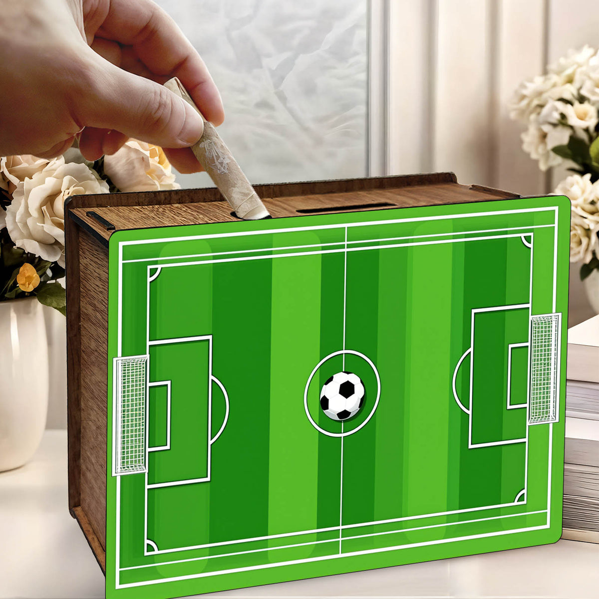 Tirelire football en bois, un dos à cocher au crayon