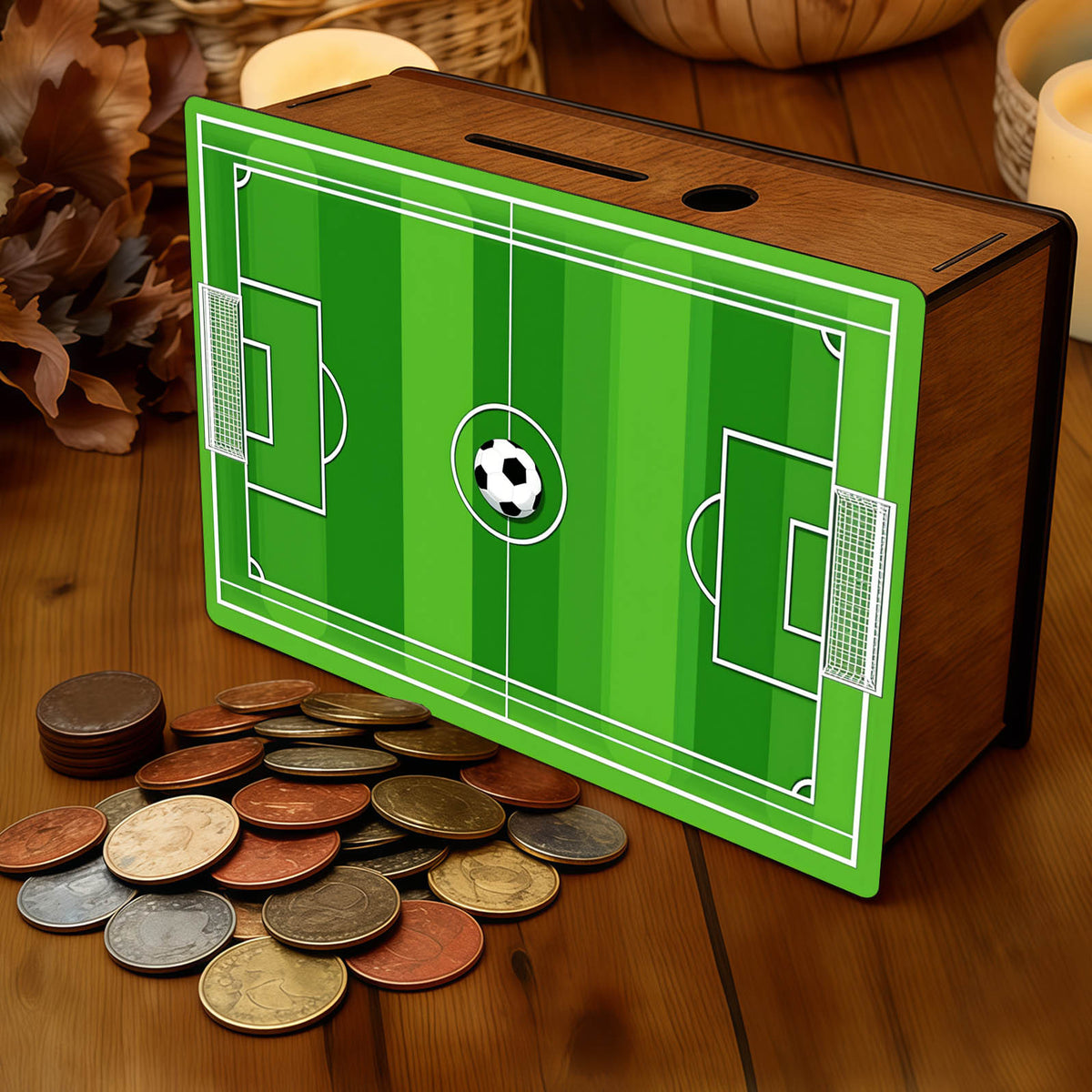 Tirelire football en bois, un dos à cocher au crayon