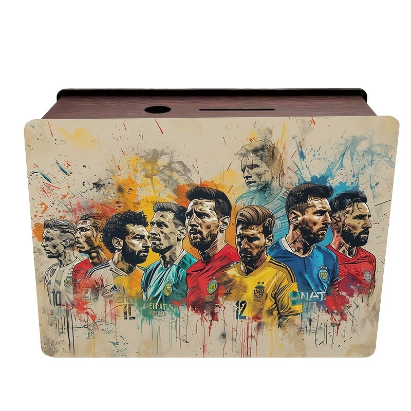 Tirelire football en bois, fresque de joueurs en couleurs