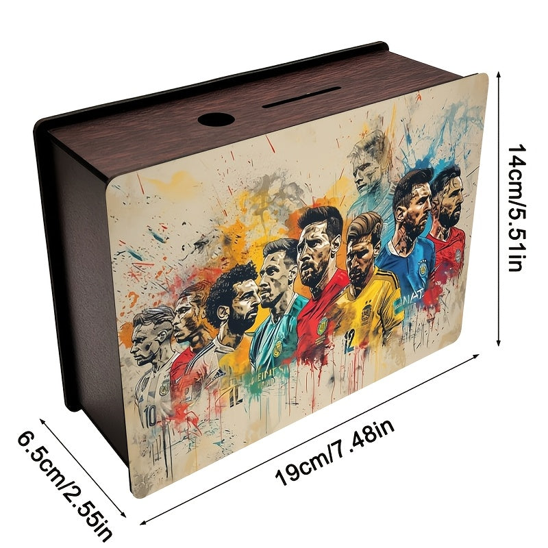 Tirelire football en bois, fresque de joueurs en couleurs