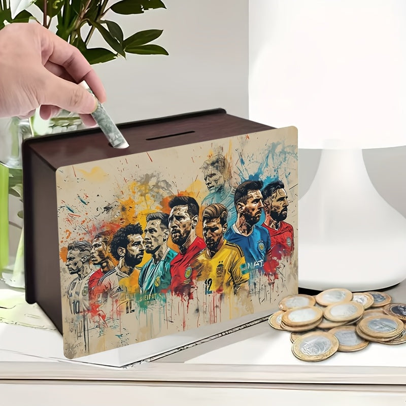 Tirelire football en bois, fresque de joueurs en couleurs