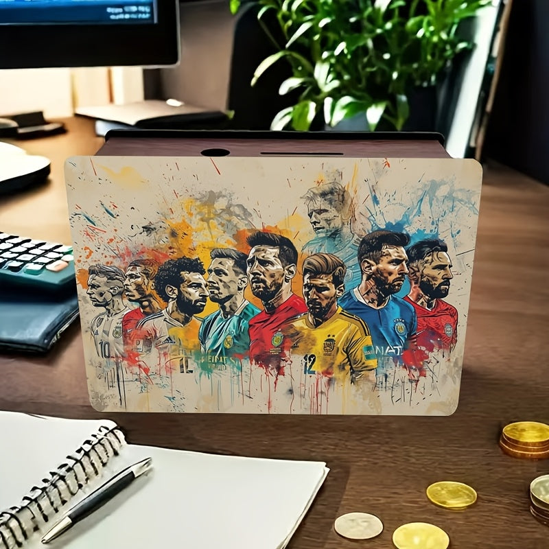 Tirelire football en bois, fresque de joueurs en couleurs