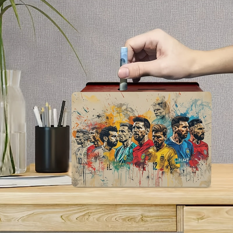 Tirelire football en bois, fresque de joueurs en couleurs