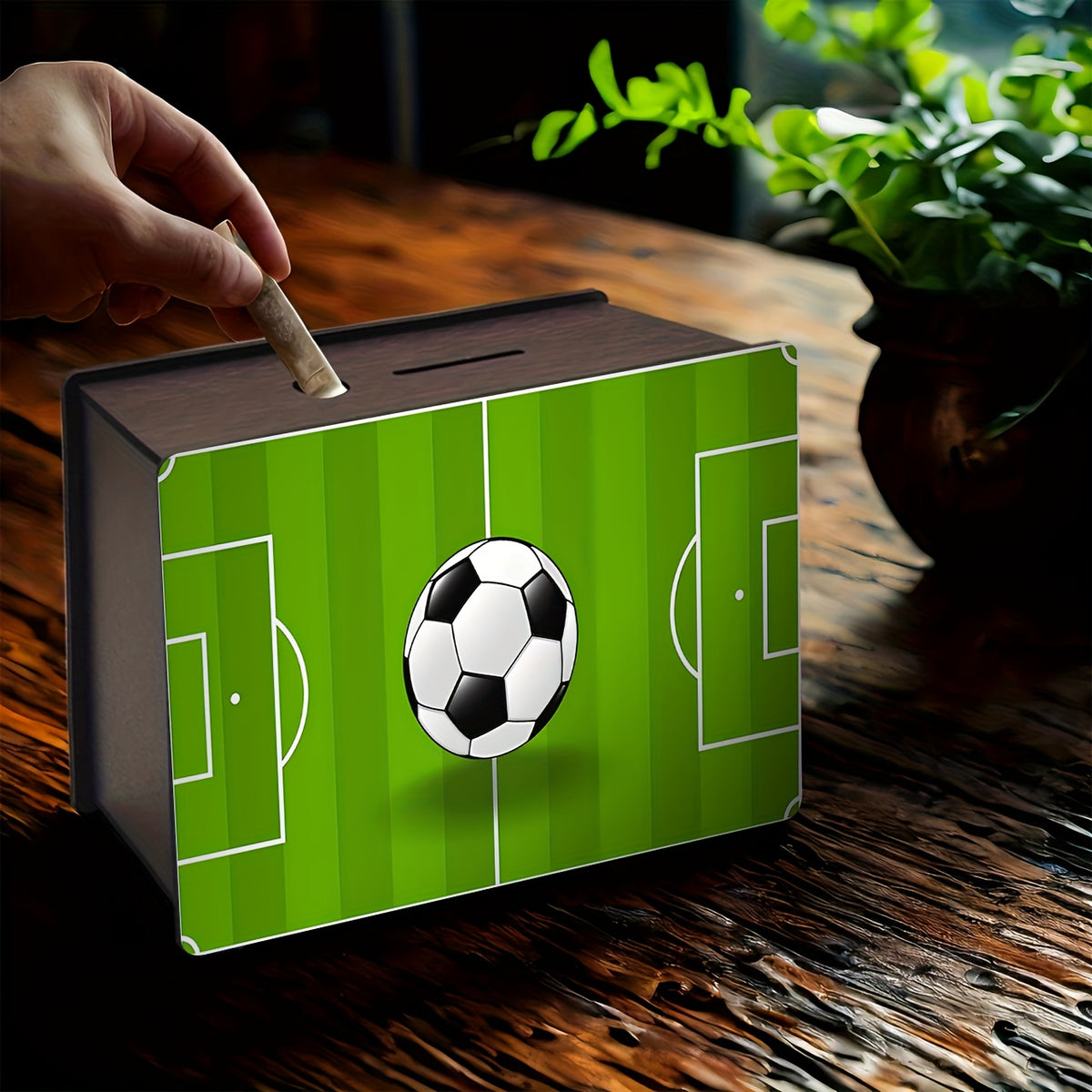 Tirelire football en bois teinté, terrain vu du dessus