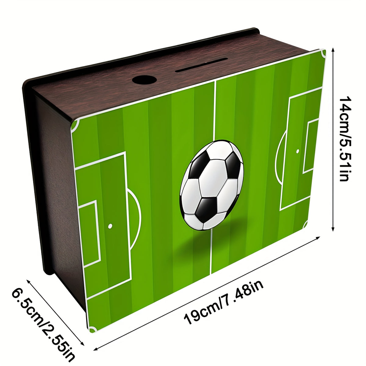 Tirelire football en bois teinté, terrain vu du dessus