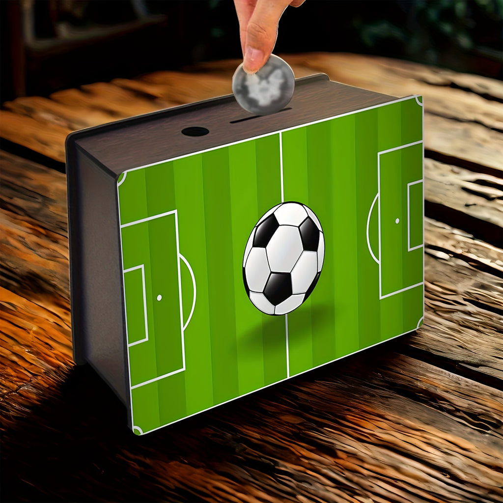 Tirelire football en bois teinté, terrain vu du dessus