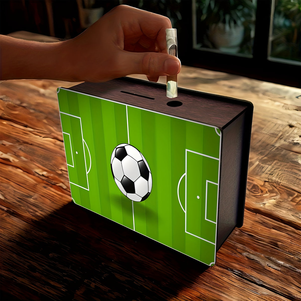 Tirelire football en bois teinté, terrain vu du dessus