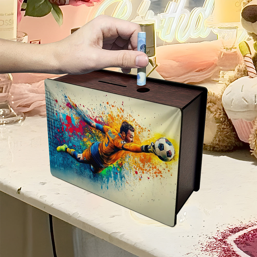 Tirelire football, gardien de but peint sur coffret de bois