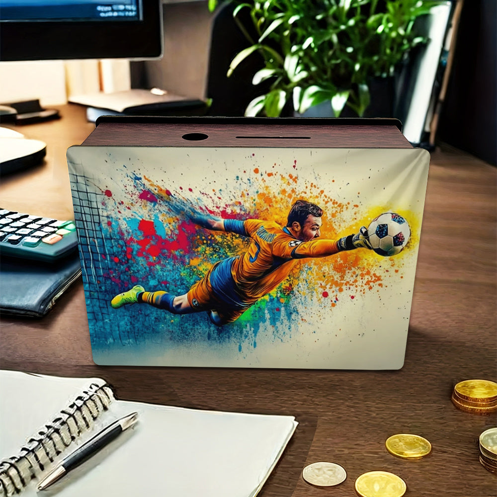 Tirelire football, gardien de but peint sur coffret de bois