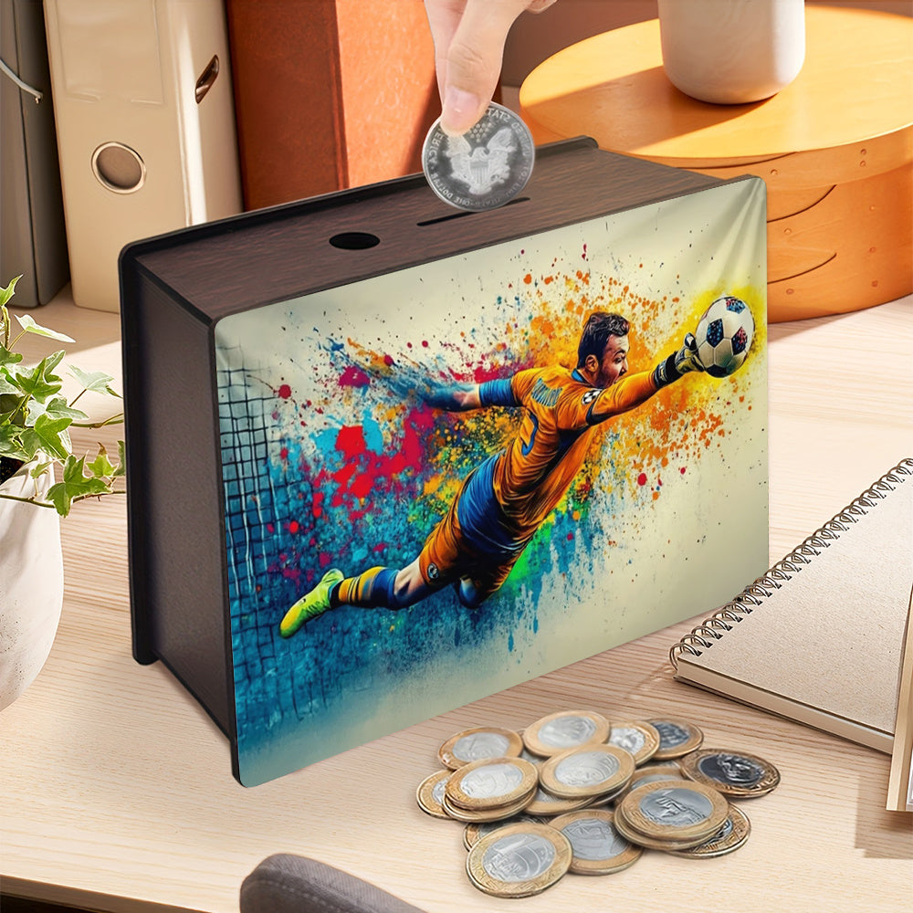 Tirelire football, gardien de but peint sur coffret de bois