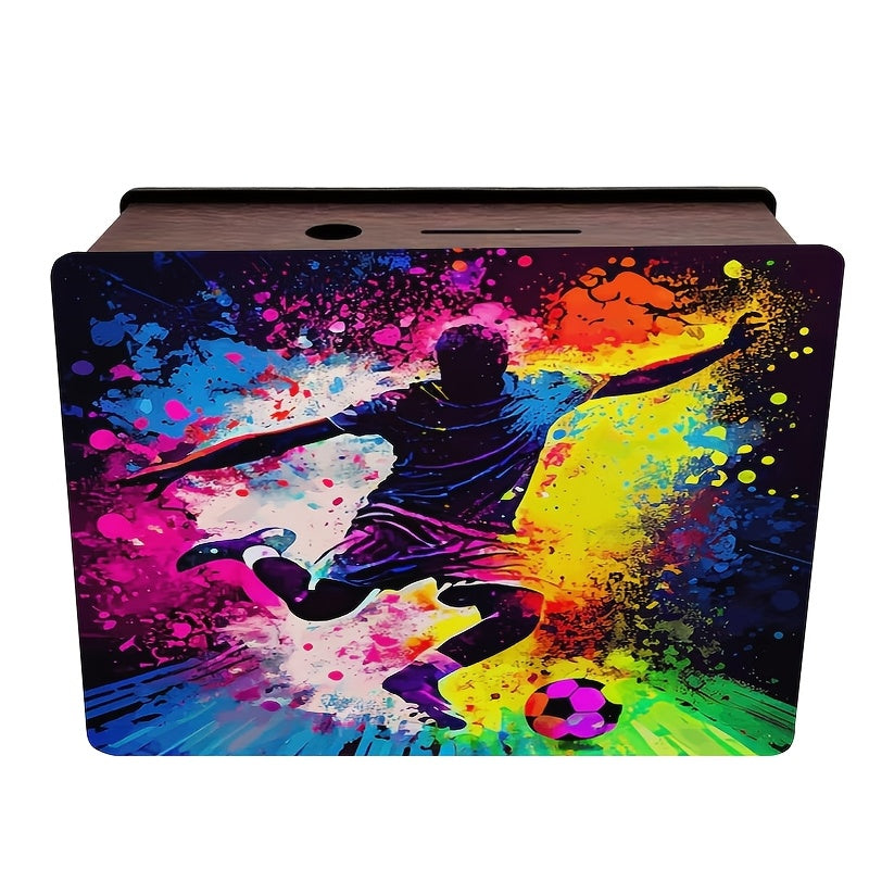 Tirelire football en silhouette néon, coffret de bois teinté