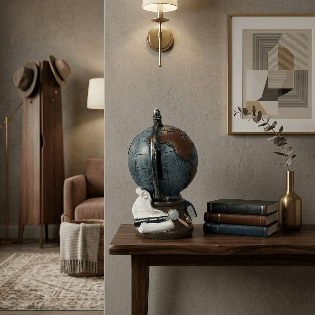 Tirelire globe rétro en résine, livres et loupe sculptés