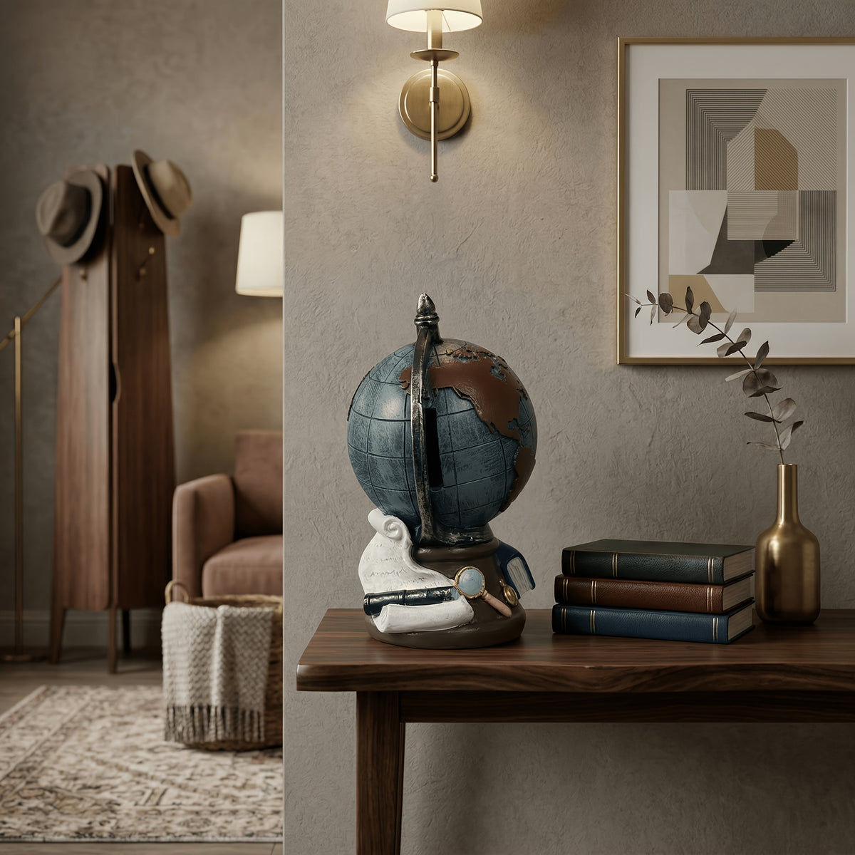 Tirelire globe rétro en résine, livres et loupe sculptés