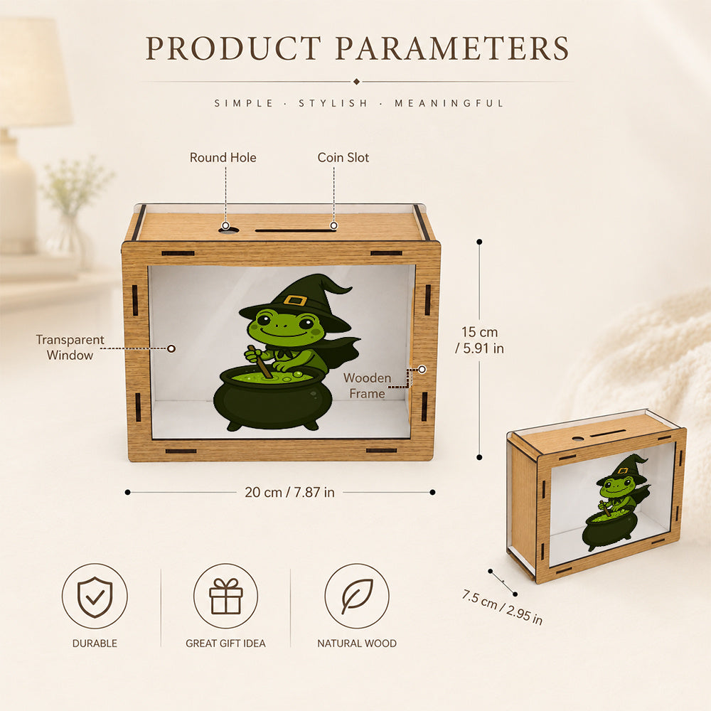 Tirelire grenouille au chapeau pointu en bois, vitre
