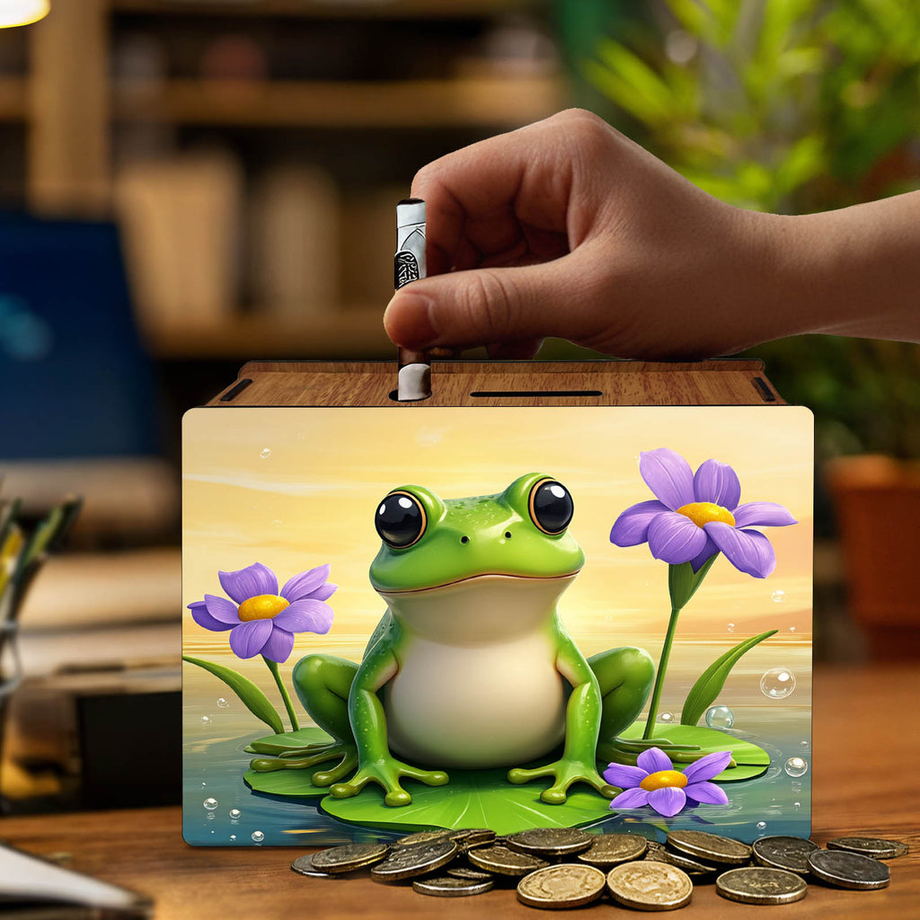 Tirelire bois imprimé motif grenouille et fleurs mauves