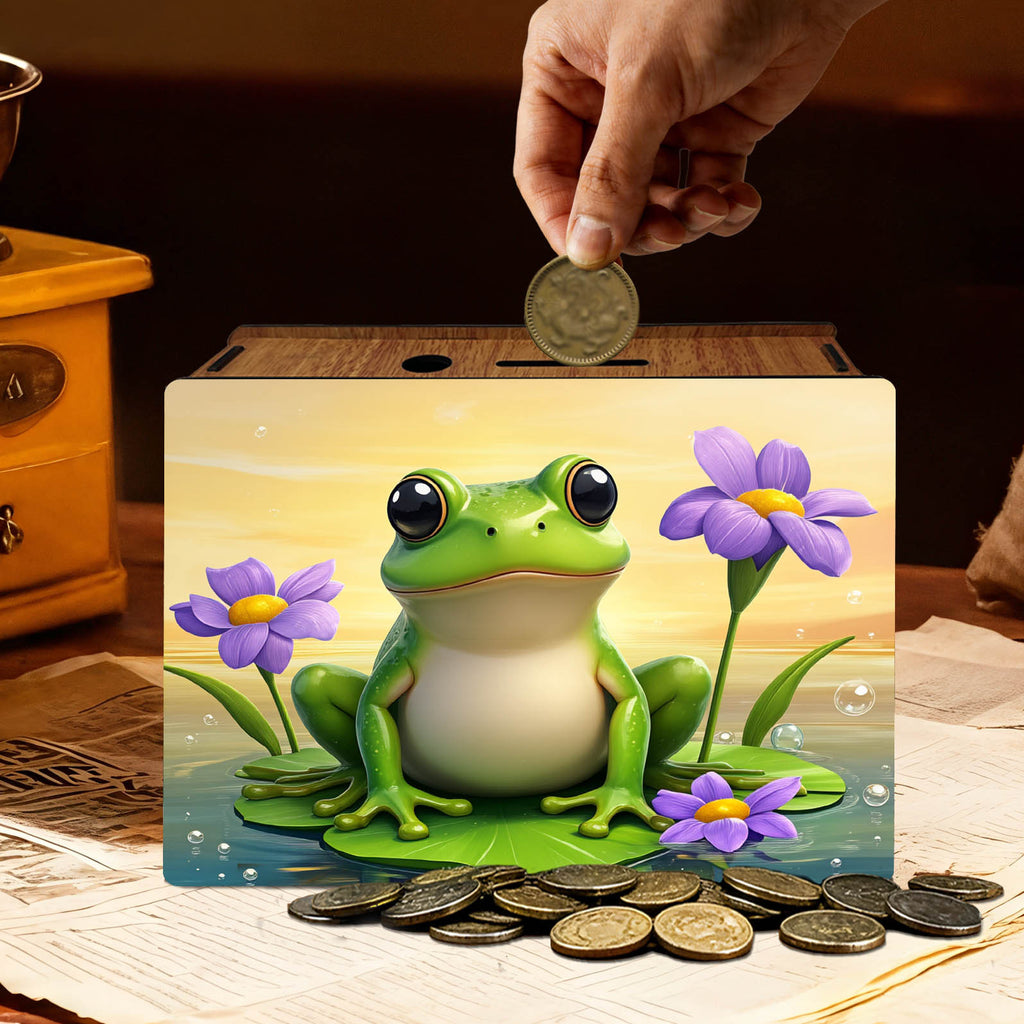 Tirelire bois imprimé motif grenouille et fleurs mauves