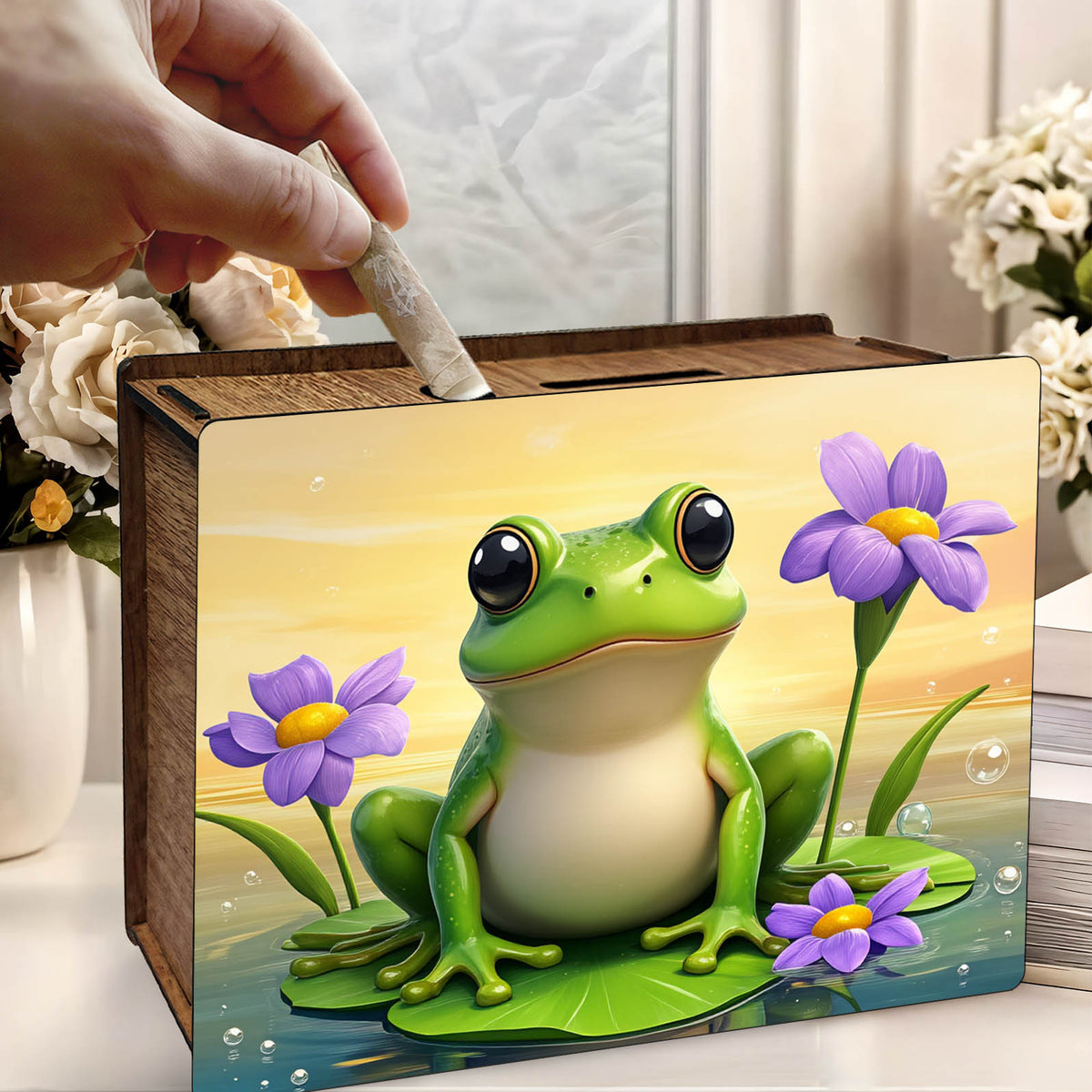 Tirelire bois imprimé motif grenouille et fleurs mauves