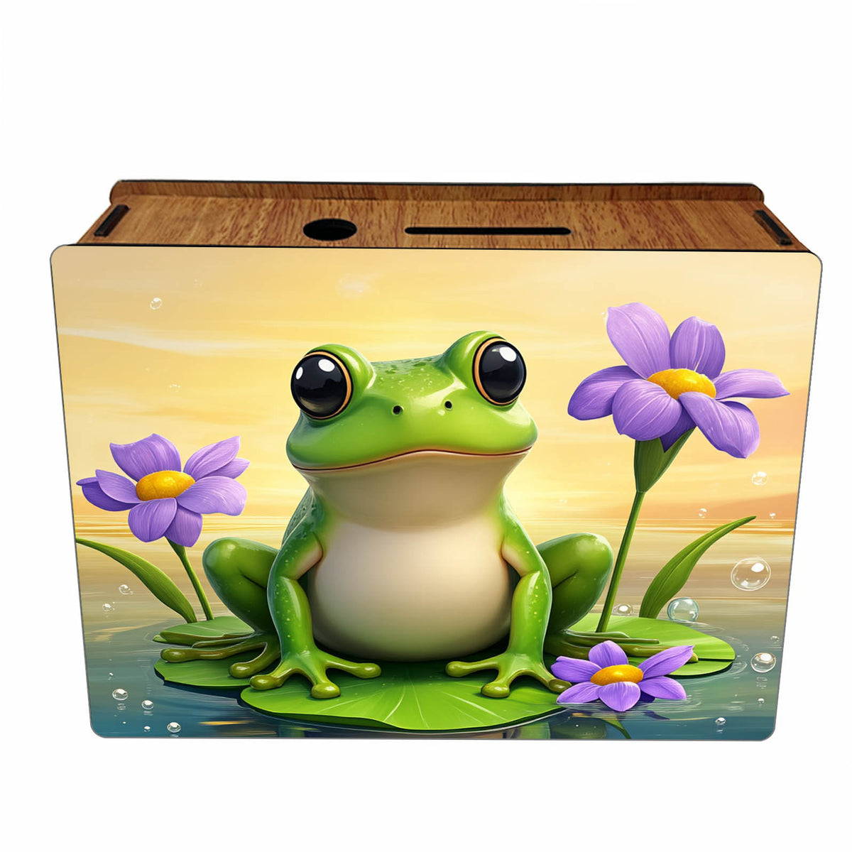 Tirelire bois imprimé motif grenouille et fleurs mauves