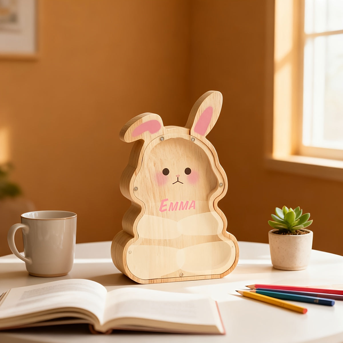 Tirelire lapin en bois à façade transparente, haut