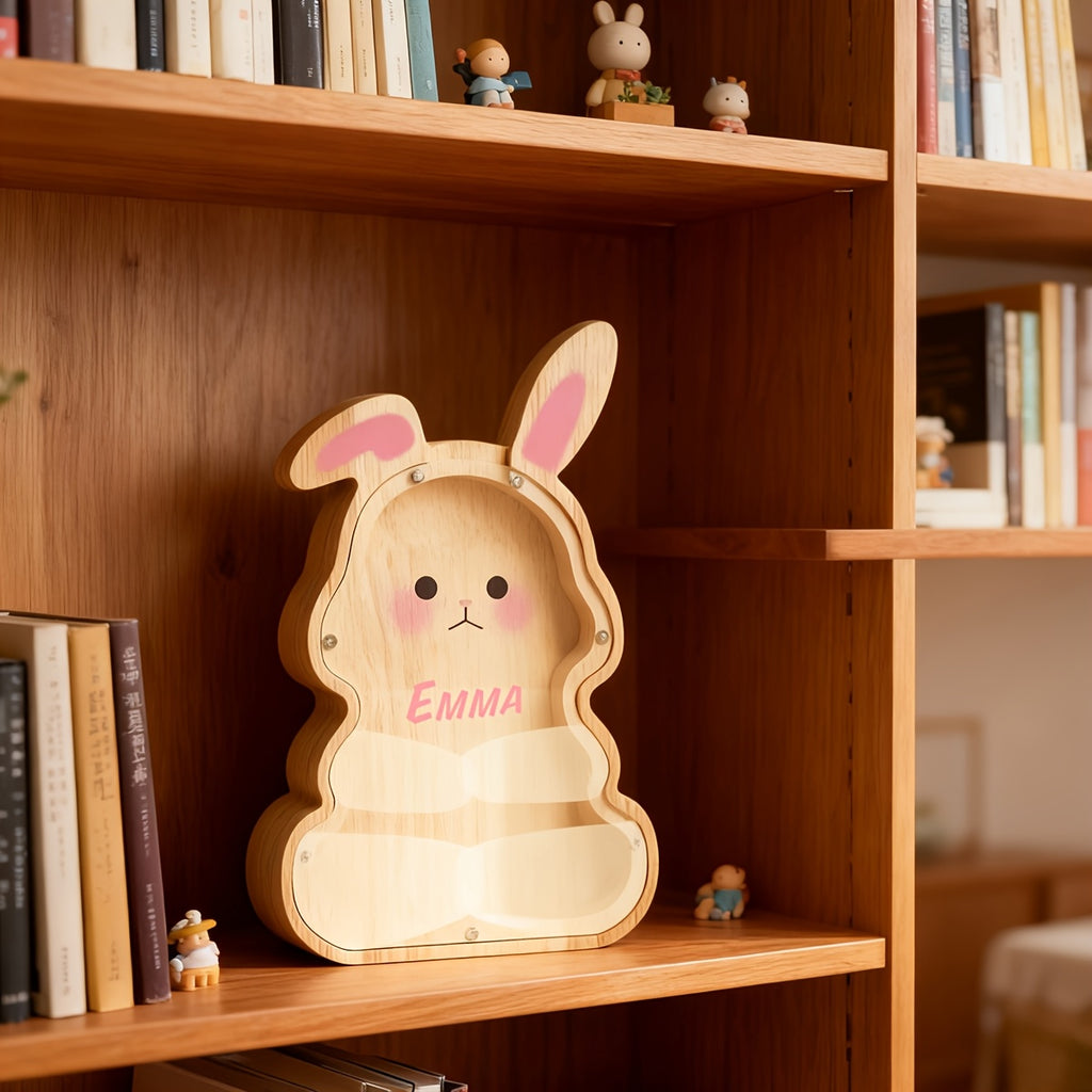 Tirelire lapin en bois à façade transparente, haut