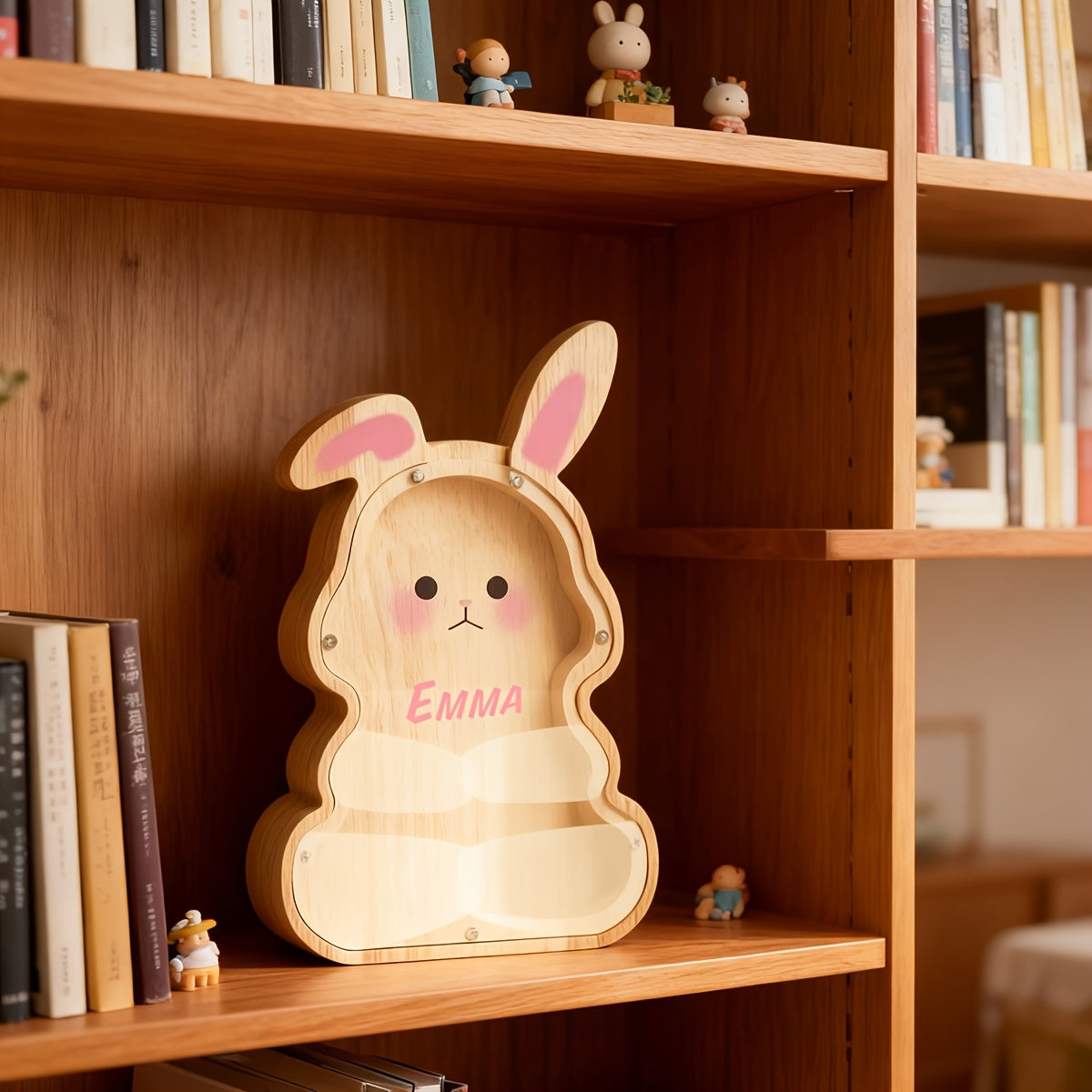 Tirelire lapin en bois à façade transparente, haut