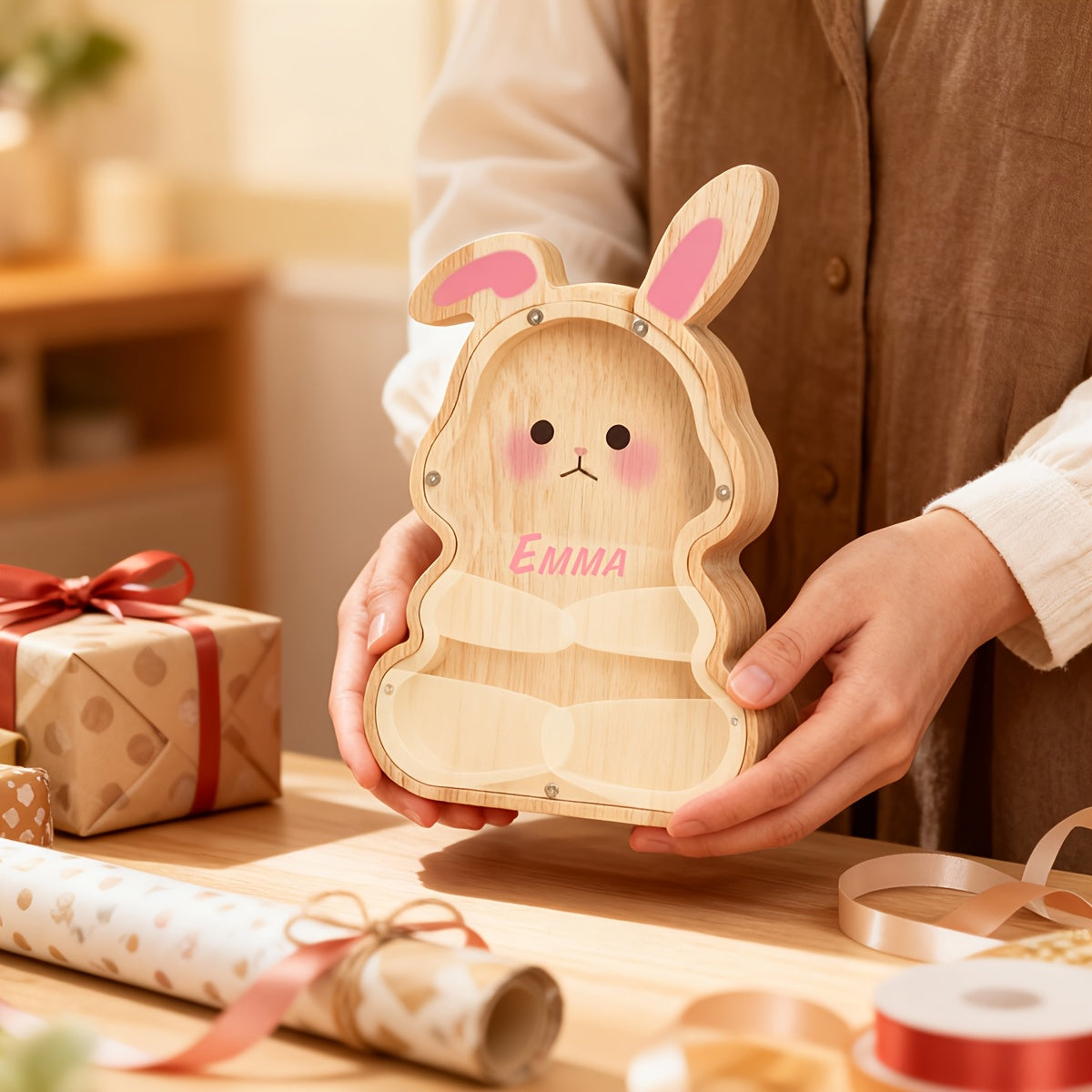 Tirelire lapin en bois à façade transparente, haut