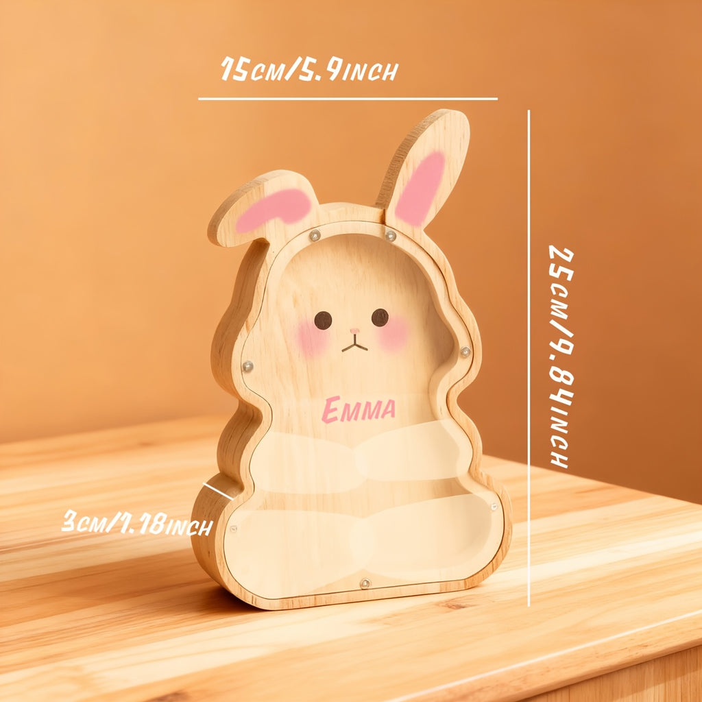 Tirelire lapin en bois à façade transparente, haut