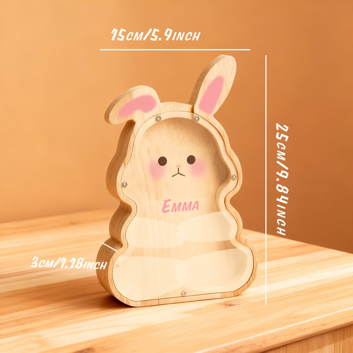 Tirelire lapin en bois à façade transparente, haut