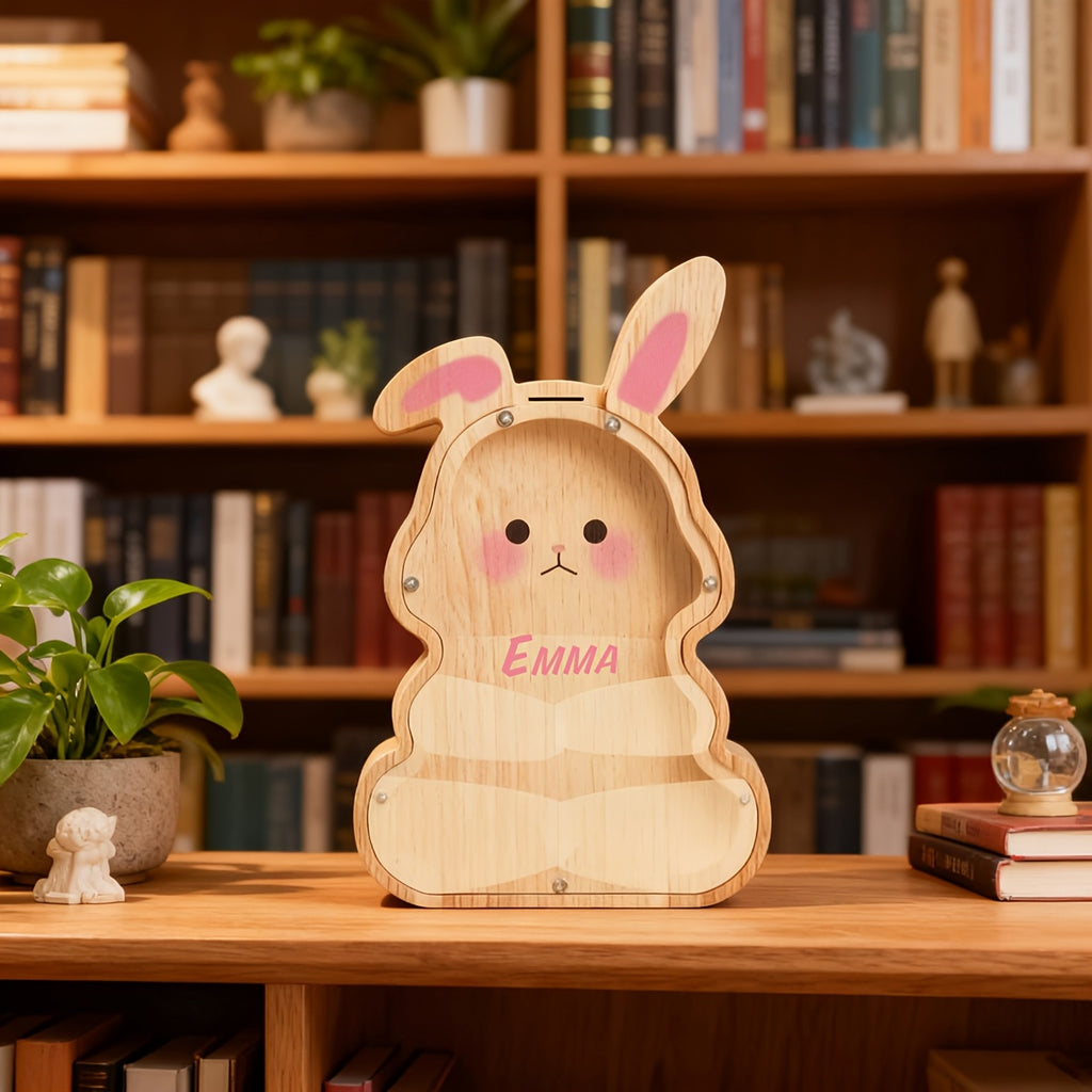 Tirelire lapin en bois à façade transparente, haut