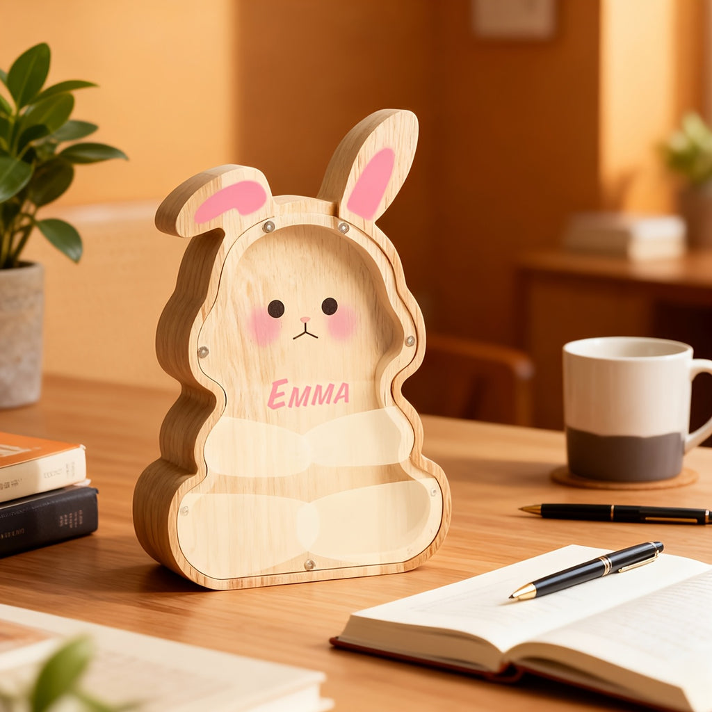 Tirelire lapin en bois à façade transparente, haut