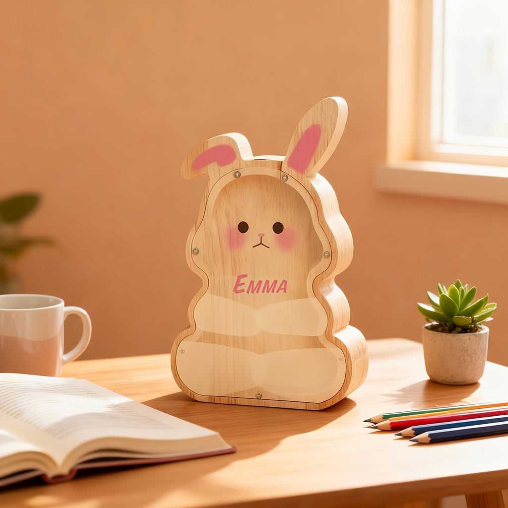 Tirelire lapin en bois à façade transparente, haut