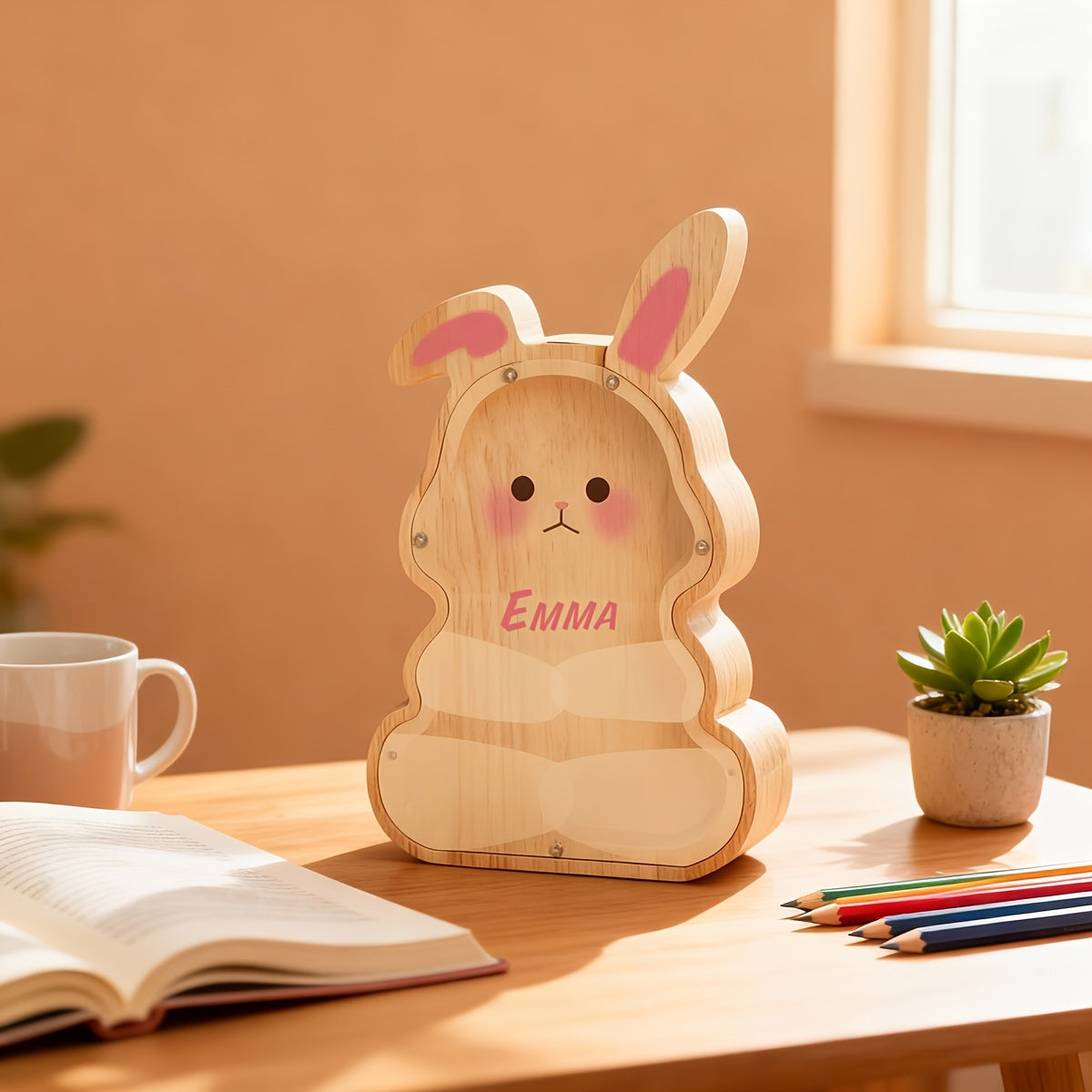 Tirelire lapin en bois à façade transparente, haut