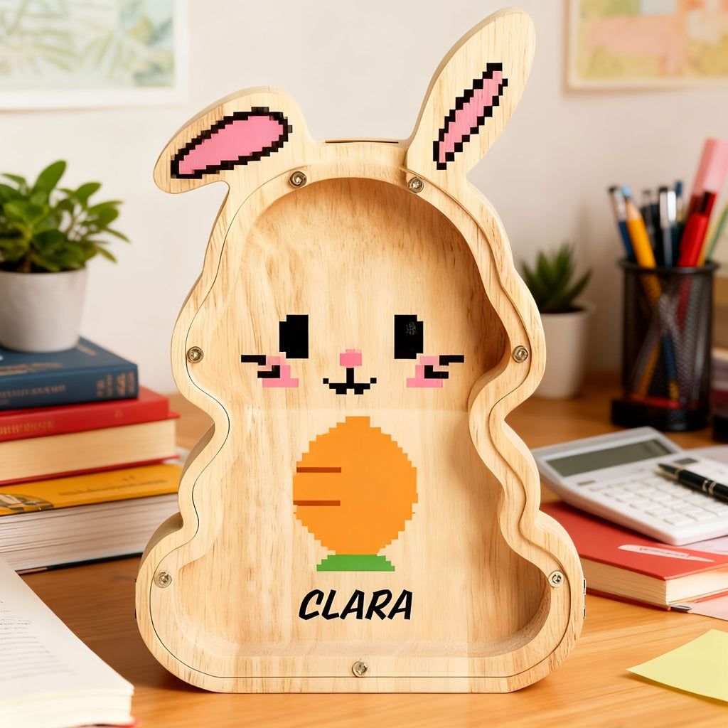 Tirelire lapin en bois, motif pixel, façade transparente