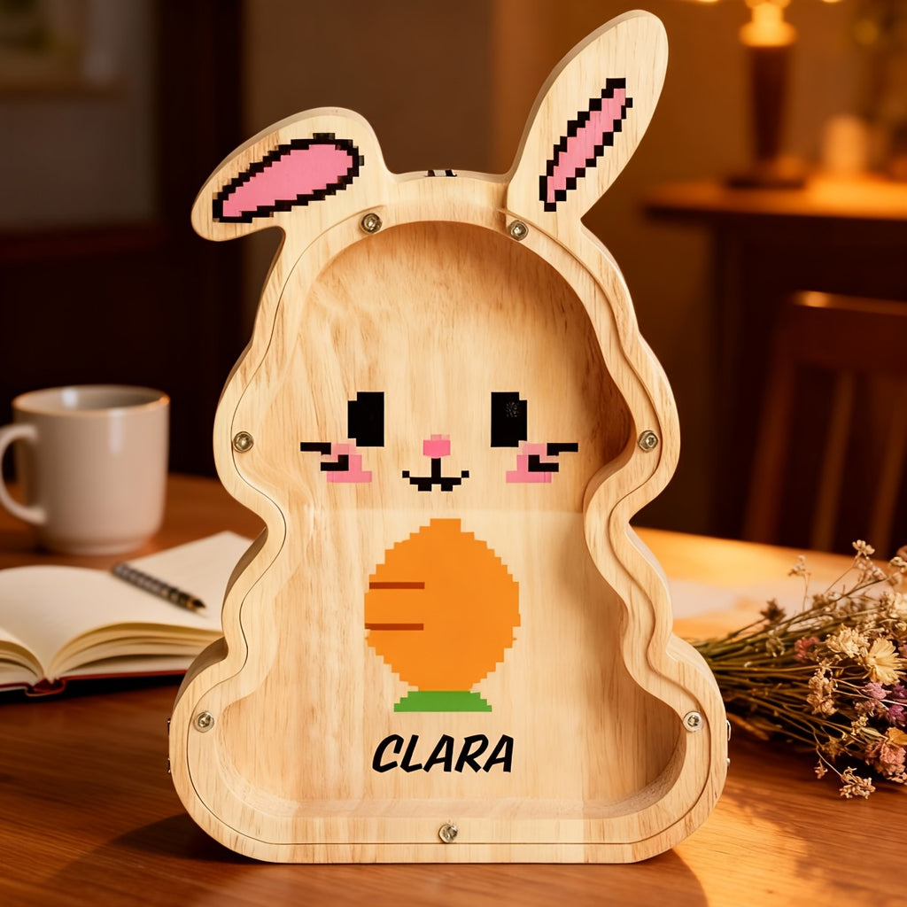Tirelire lapin en bois, motif pixel, façade transparente