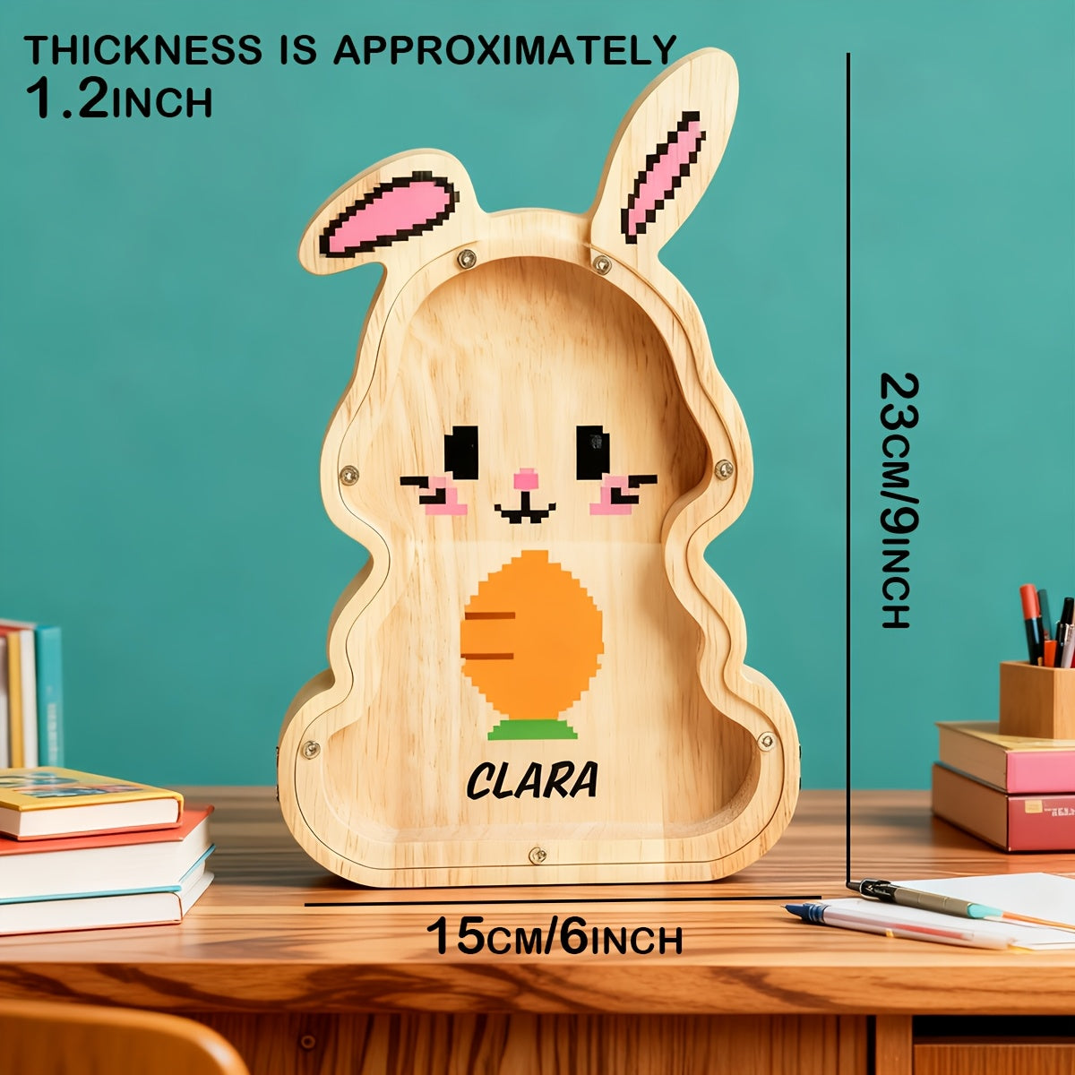 Tirelire lapin en bois, motif pixel, façade transparente