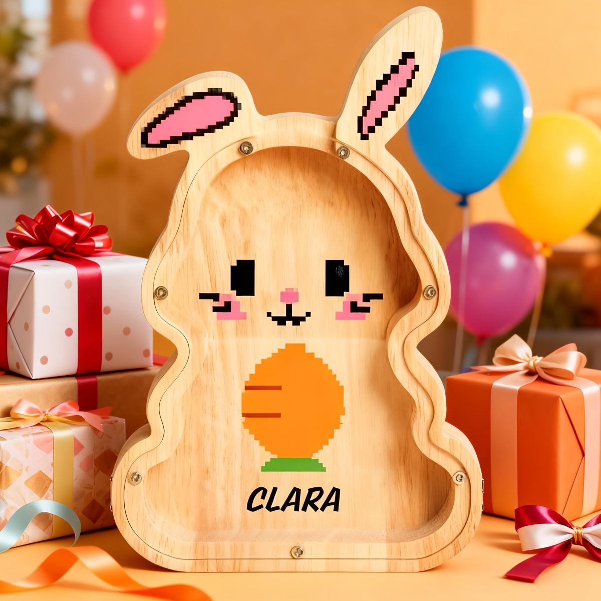 Tirelire lapin en bois, motif pixel, façade transparente
