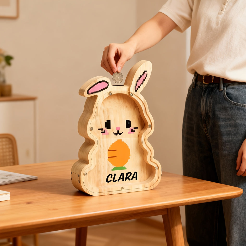 Tirelire lapin en bois, motif pixel, façade transparente