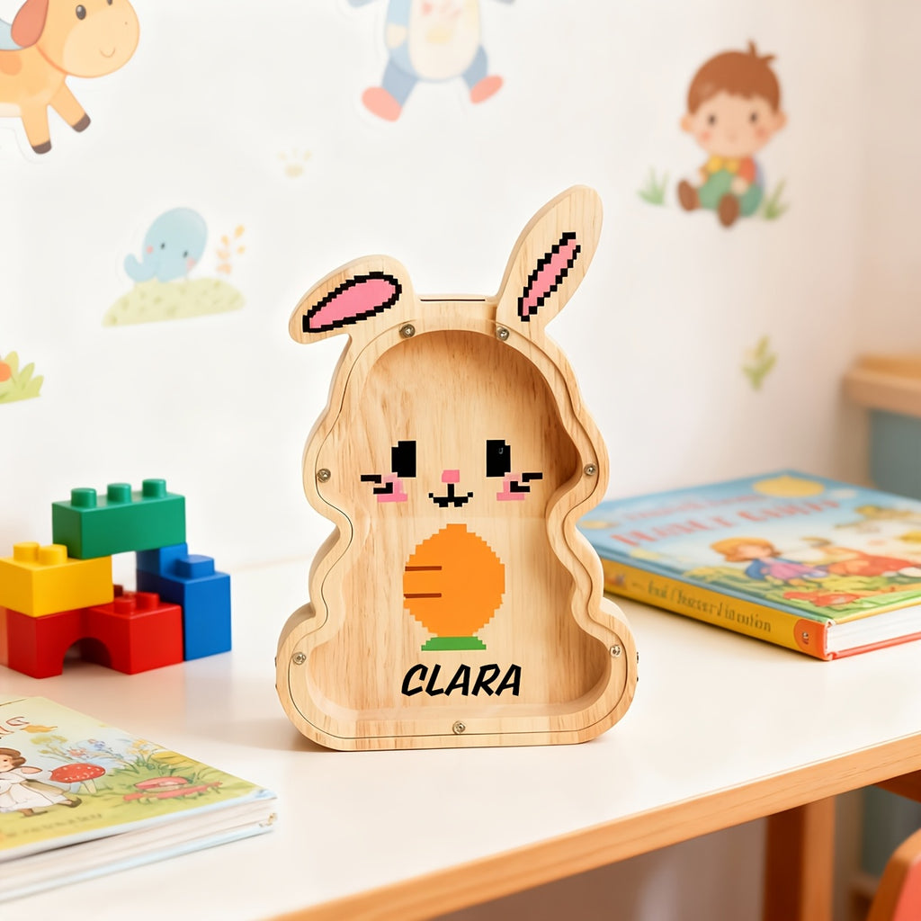 Tirelire lapin en bois, motif pixel, façade transparente